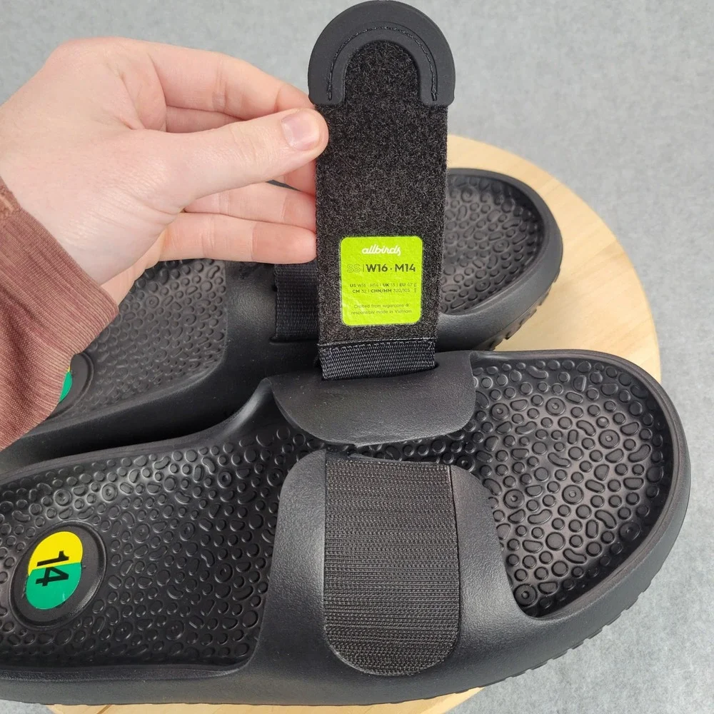 Allbirds Sugar‎ Slider Men Size 14 Black Sustainable SweetFoam Adjustable Strap
